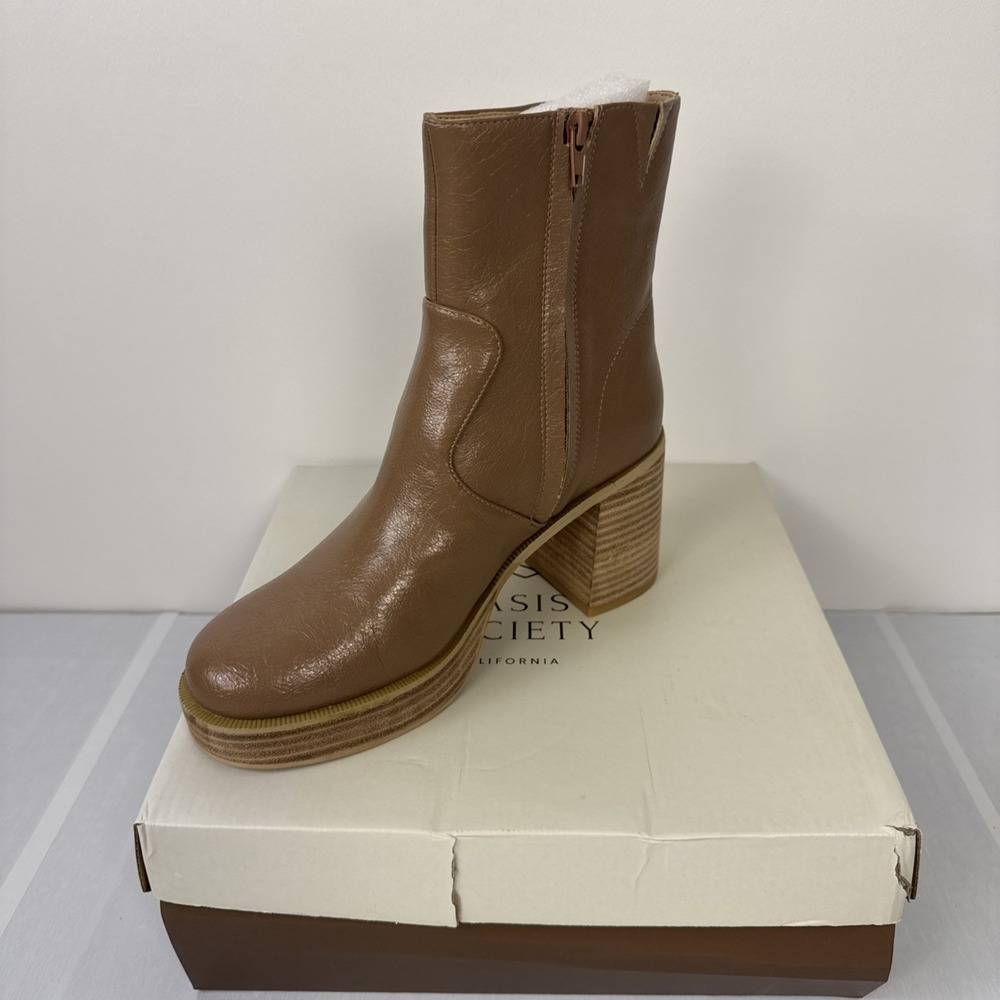 Oasis Society Platform Ankle Boots Tan Faux Leather Chunky 3" Heel SZ 8 Zip NIB